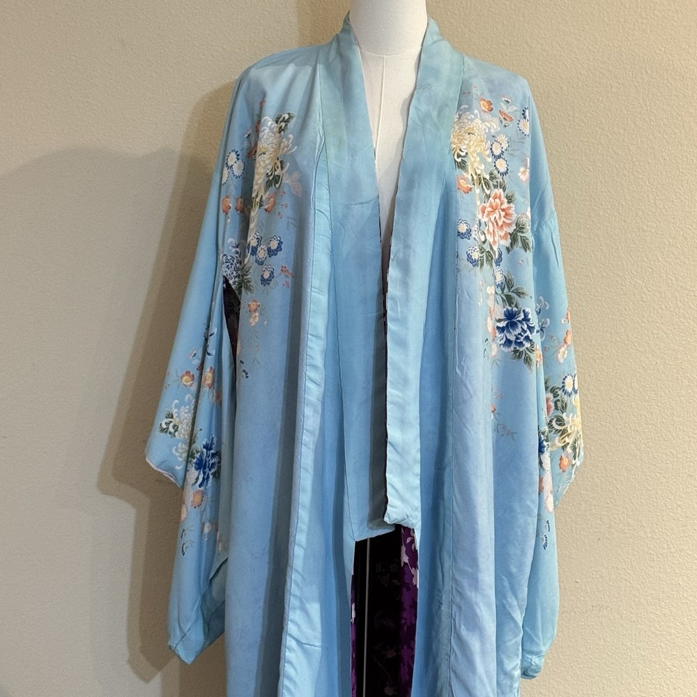 Vintage Reversible Japanese Rayon Kimono Robe Purple Floral Made Japan 1930s - Picture 3 of 16
